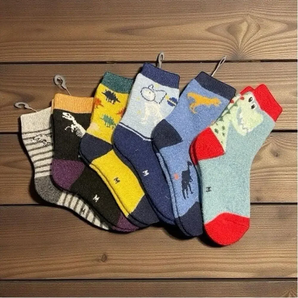Kids Dinosaur Print Crew Socks 6 Pairs Multicolor Winter Mid Calf Size M NWOT